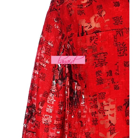Chico's Asian Chinese Oriental Red Black Distressed Mesh Cut-Outs Button-Up Top - Picture 3 of 7